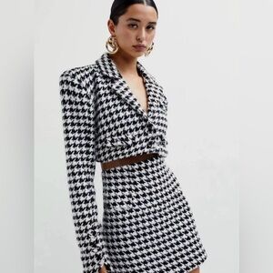 For Love & Lemons Cropped Blazer Black White Houndstooth Bonnie Medium